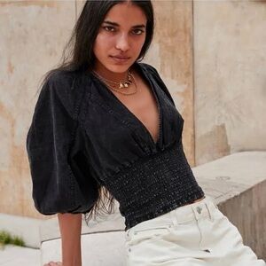 Free Prople Black denim ballon sleeve top